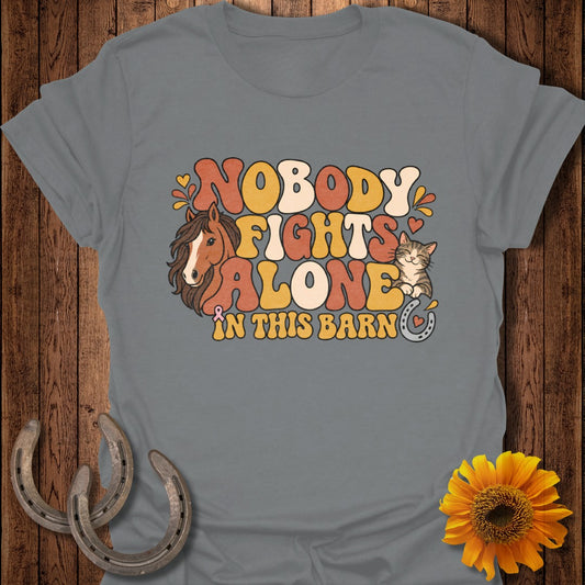 "Nobody Fights Alone In This Barn" text with horse, cat, and horseshoe graphics.