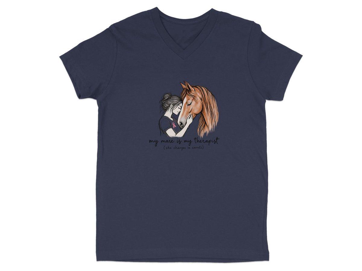 Illustration of woman hugging horse with text "my mare is my therapist".