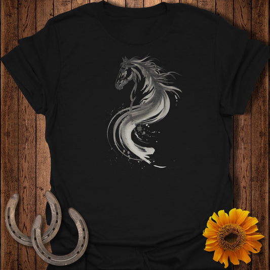 Black t-shirt featuring a stylized grey watercolor horse design with flowing mane.