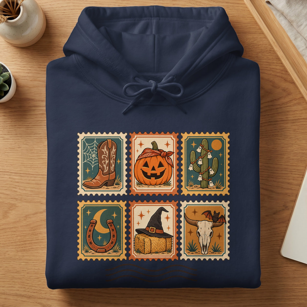Navy hoodie with six postage stamp-style Halloween designs.