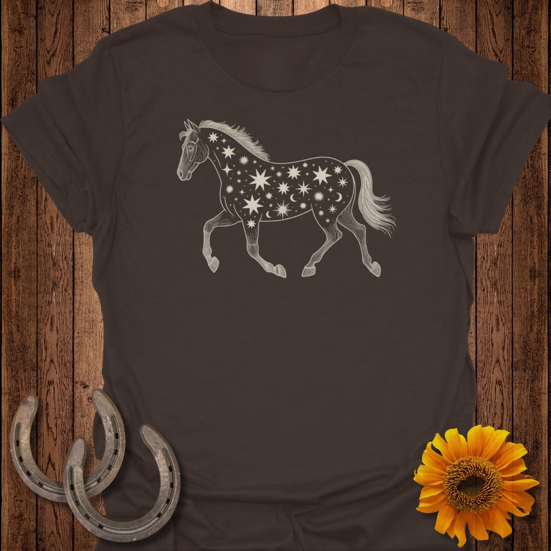 Brown t-shirt featuring a white line art horse adorned with stars and moons.