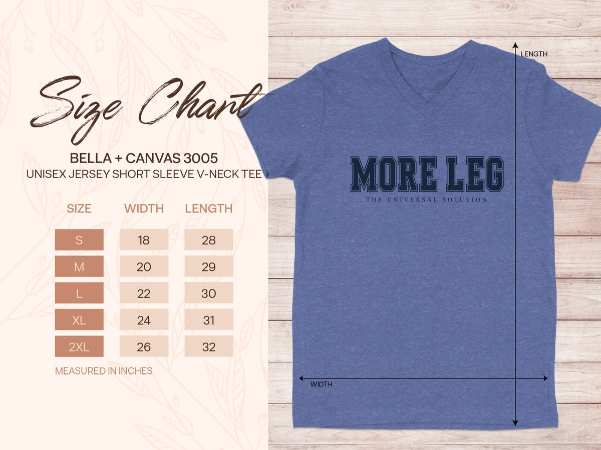 Bella + Canvas 3005 unisex v-neck tee size chart with measurements in inches.