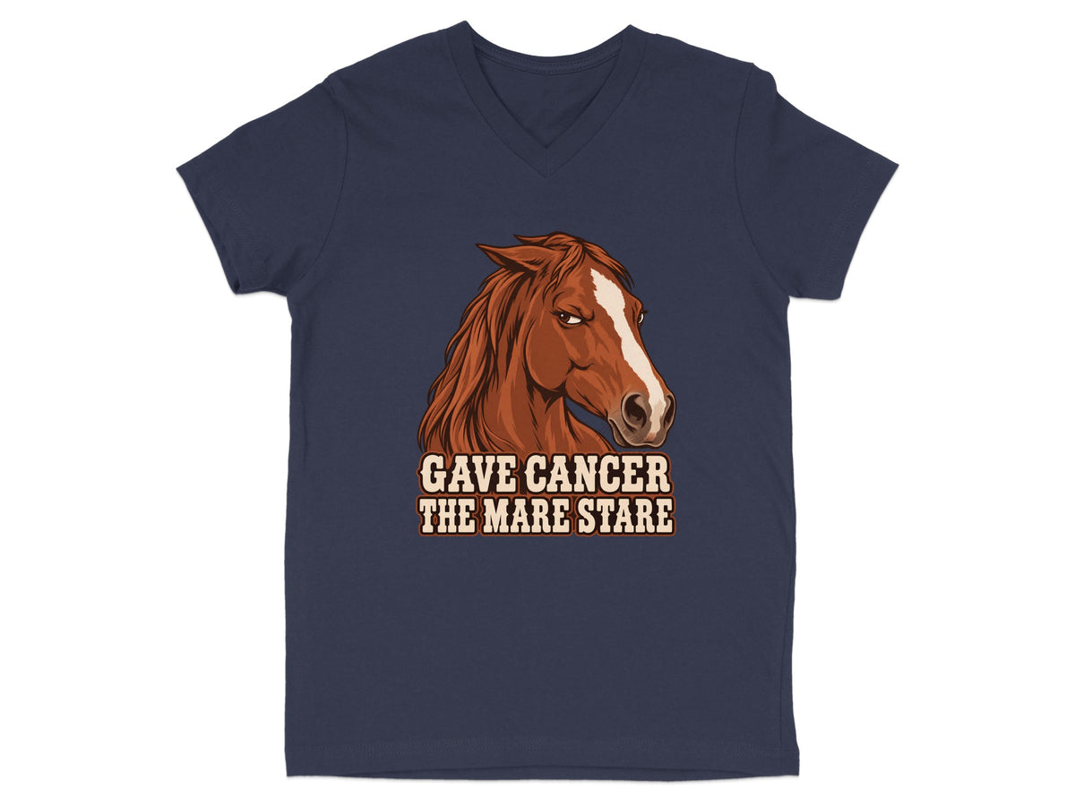Navy v-neck t-shirt with horse head graphic and text "GAVE CANCER THE MARE STARE".