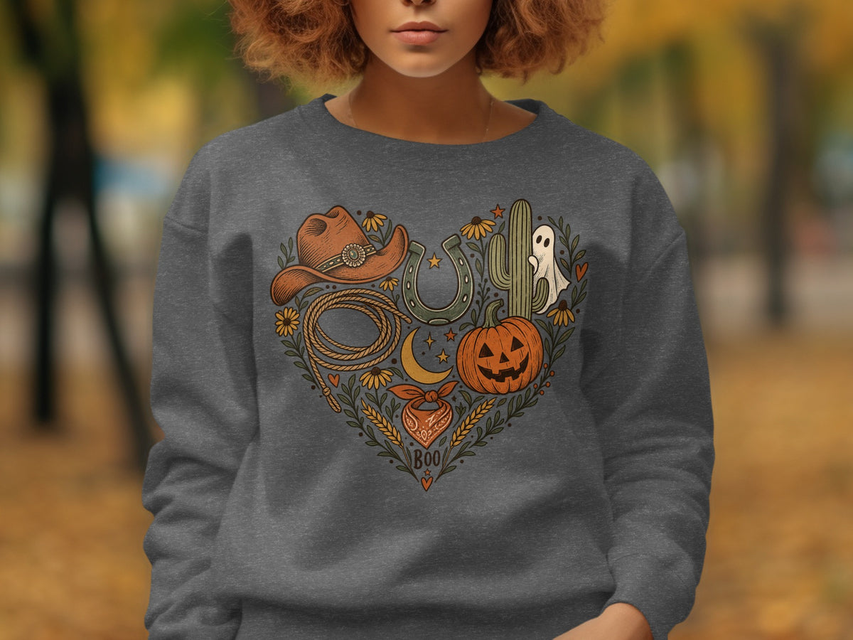 Dark grey sweatshirt with a heart-shaped design of cowboy, Halloween, and desert elements.