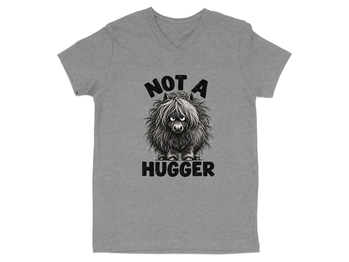 Grey t-shirt with a cartoon yak and text "NOT A HUGGER".