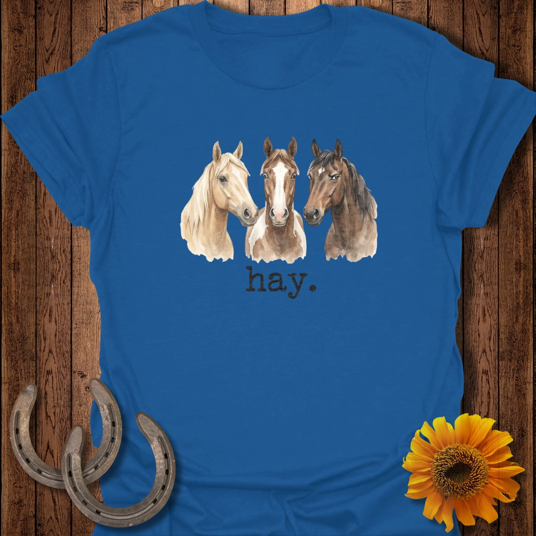 Three watercolor horses' heads on a blue t-shirt with "hay." text.