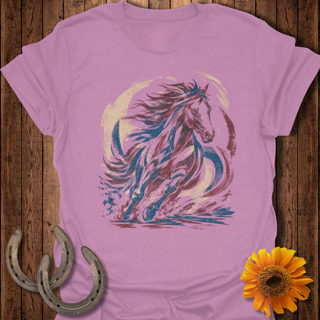 Pink t-shirt with galloping horse graphic, sunflowers, and horseshoes.