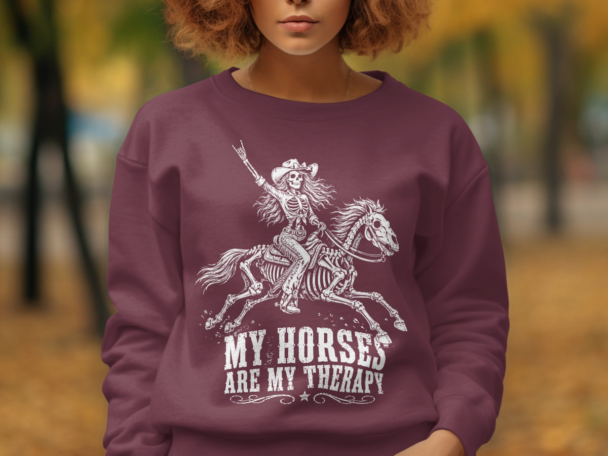 Skeleton riding a horse graphic with text "MY HORSES ARE MY THERAPY".