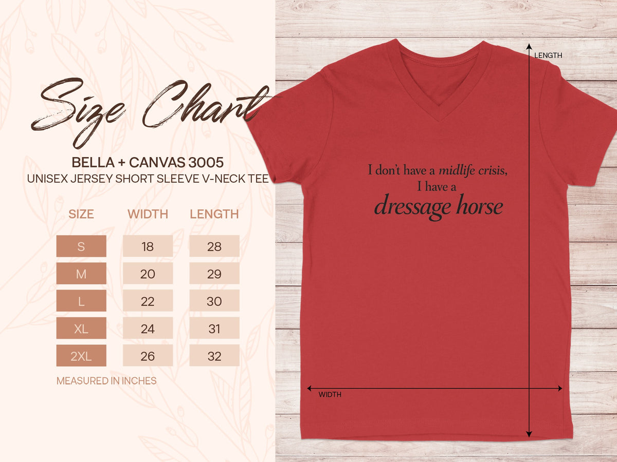 BELLA + CANVAS 3005 size chart with text "I don't have a midlife crisis, I have a dressage horse".