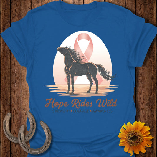 Blue t-shirt with a black horse, pink ribbon, and "Hope Rides Wild" text.