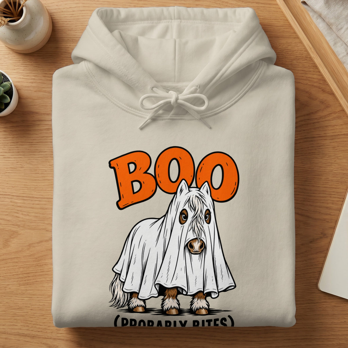 Cream hoodie with a horse in a ghost costume saying "Boo (Probably Bites)".