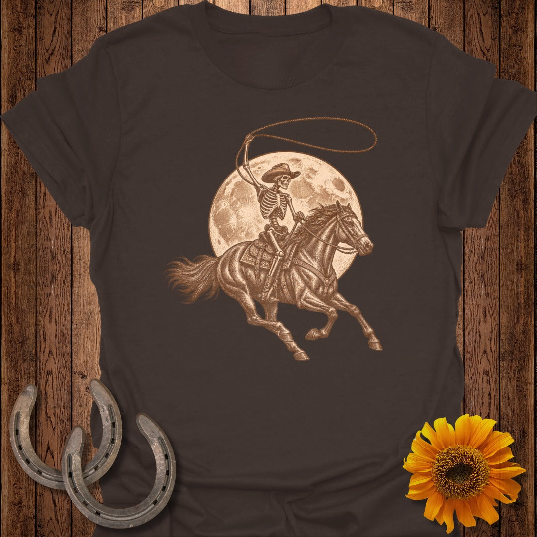 Skeleton cowboy on horseback with lasso in front of a large moon.