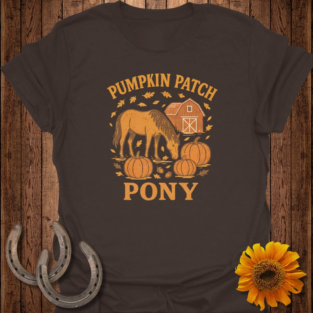 T-shirt graphic with horse, pumpkins, barn, and text "Pumpkin Patch Pony".