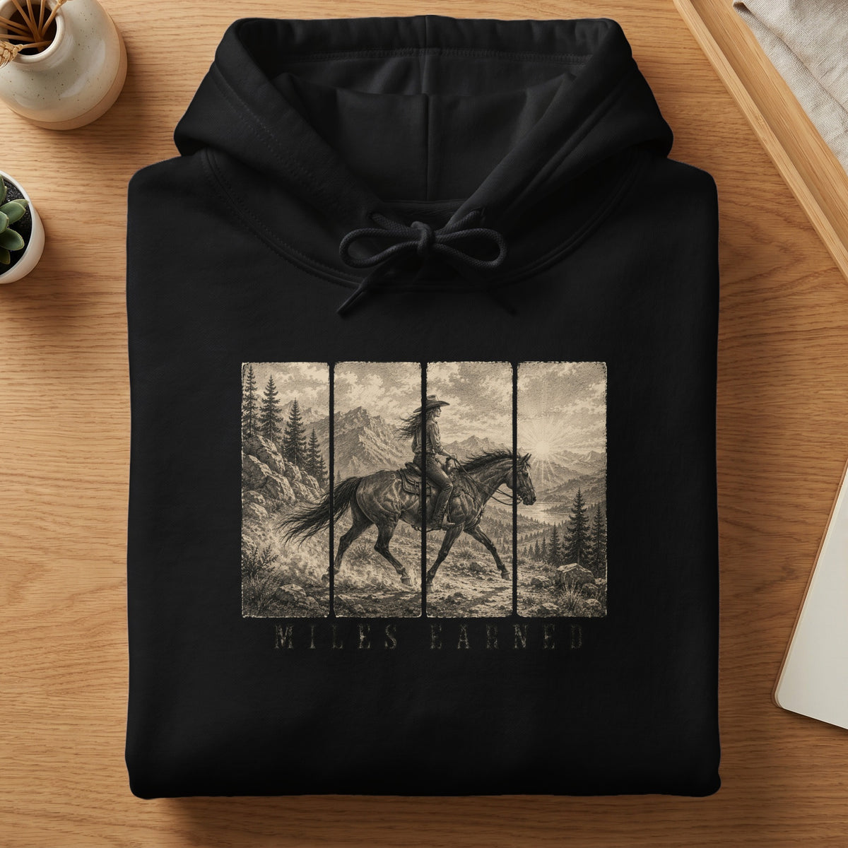 Black hoodie with a vintage-style graphic of a person riding a horse through mountains.