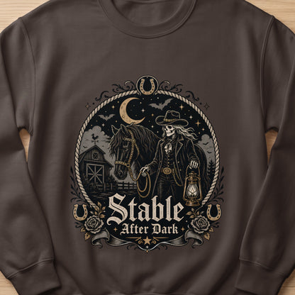 Skeleton cowboy with horse, lantern, barn, and text "Stable After Dark".