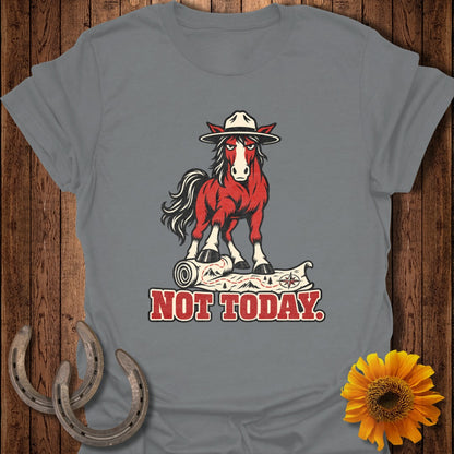 Red horse with stern expression stands on rolled map with text "NOT TODAY."
