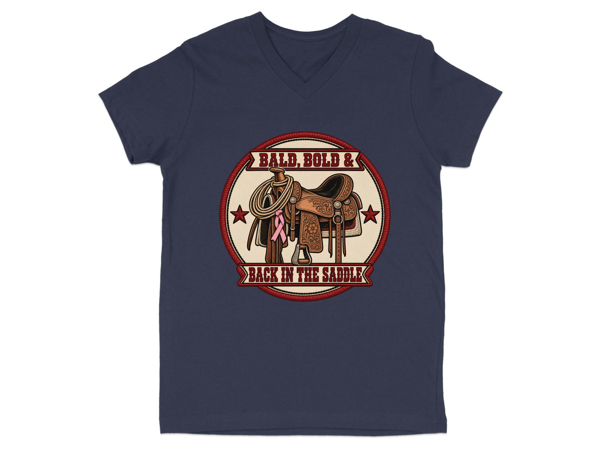 Saddle, lasso, pink ribbon, and stars design with text "BALD, BOLD & BACK IN THE SADDLE".