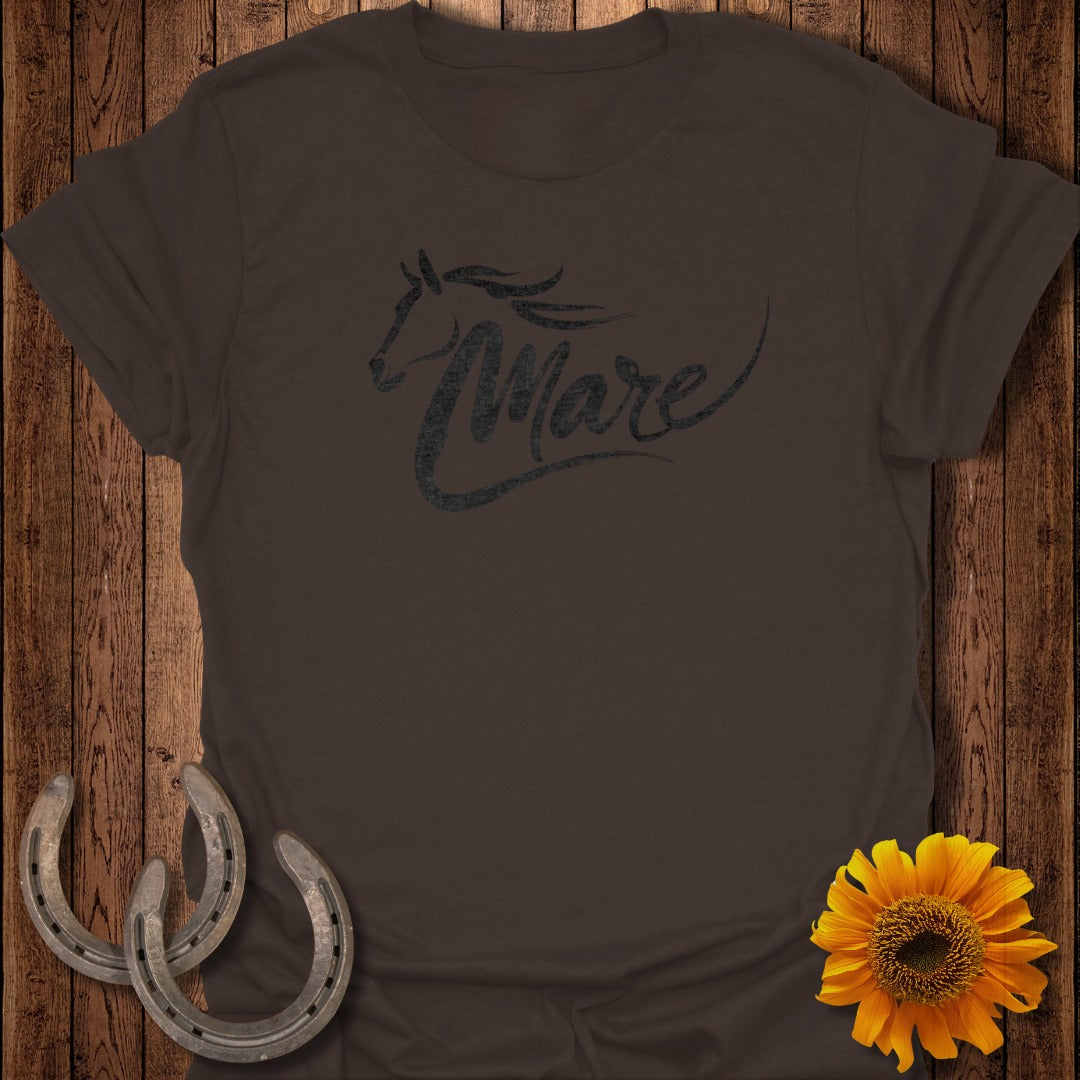 Brown t-shirt with "Mare" text and horseshoe and sunflower accents.