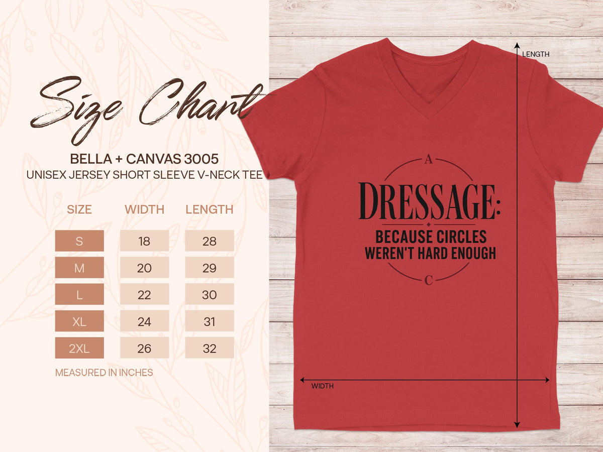 Red Bella + Canvas 3005 unisex v-neck tee size chart with measurements.