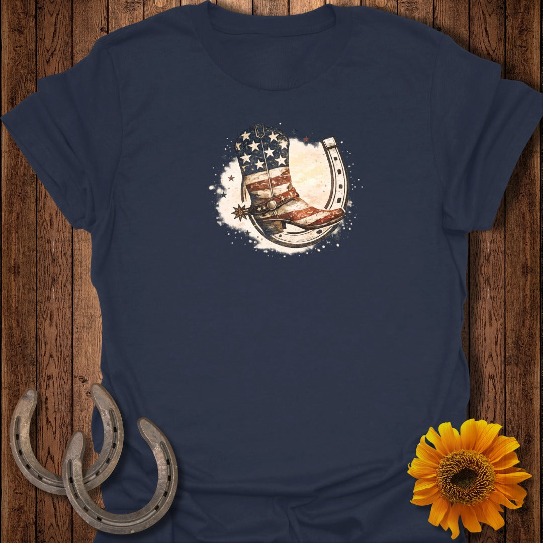Navy t-shirt with a patriotic cowboy boot and horseshoe graphic.