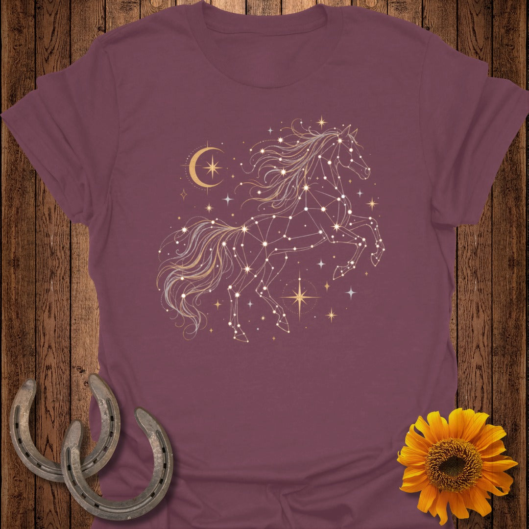 Maroon t-shirt with a constellation horse graphic, moon, and stars.