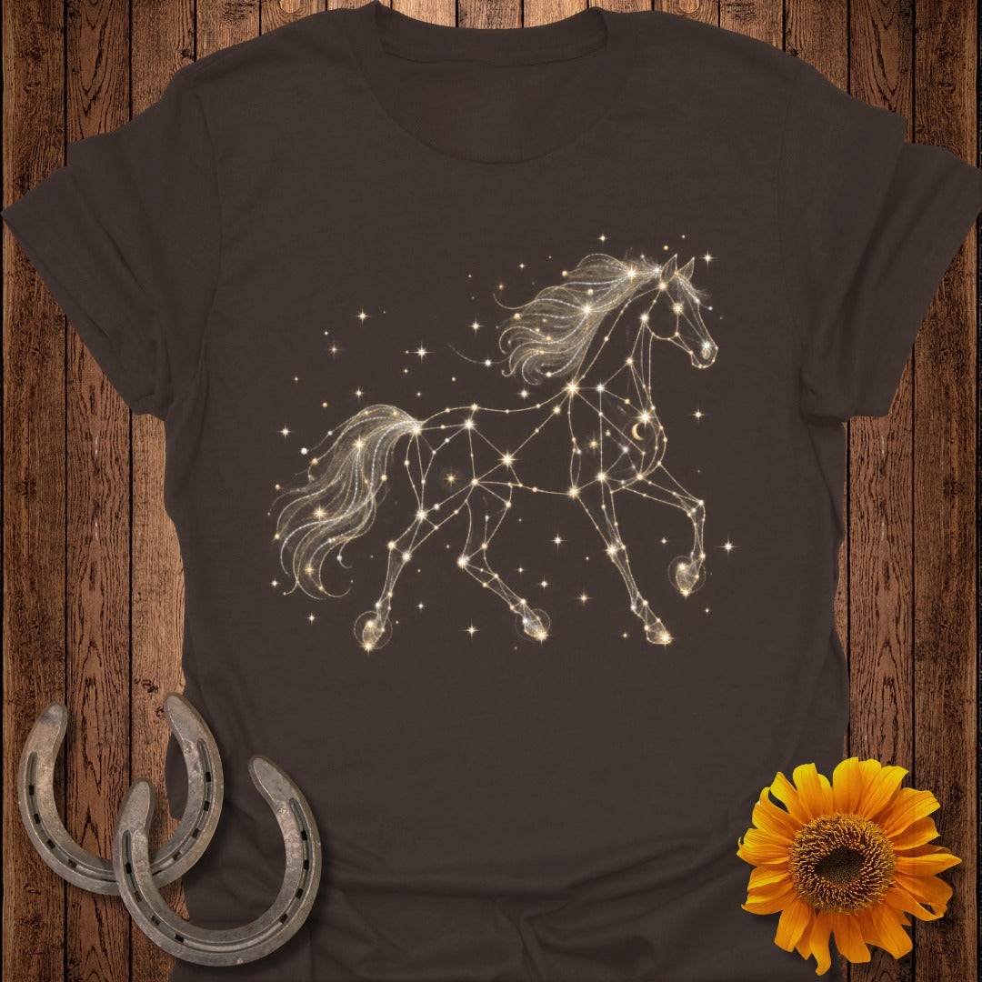 Brown t-shirt with a celestial horse constellation design, sunflowers, and horseshoes.