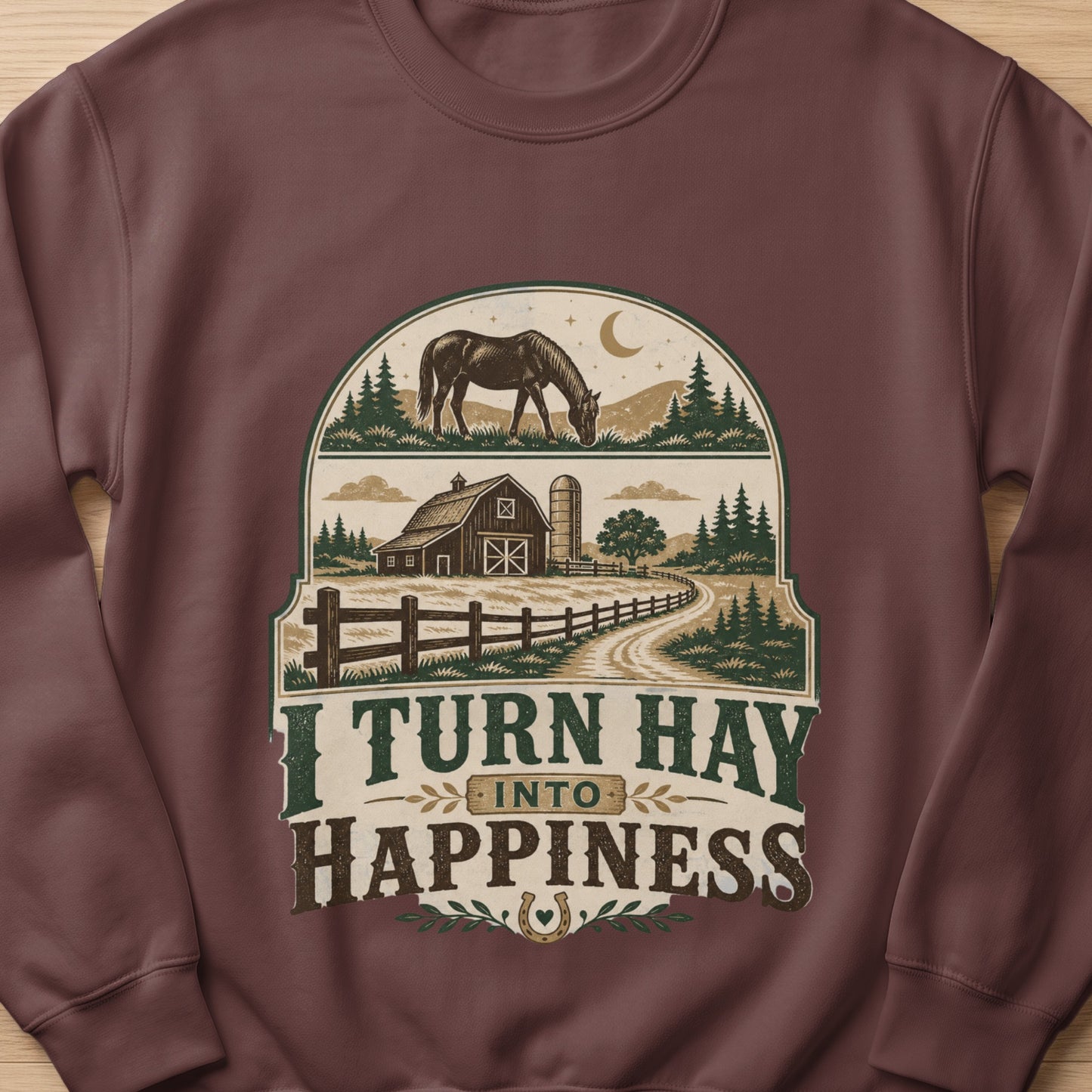 Barn scene with horse, trees, and text "I Turn Hay Into Happiness".