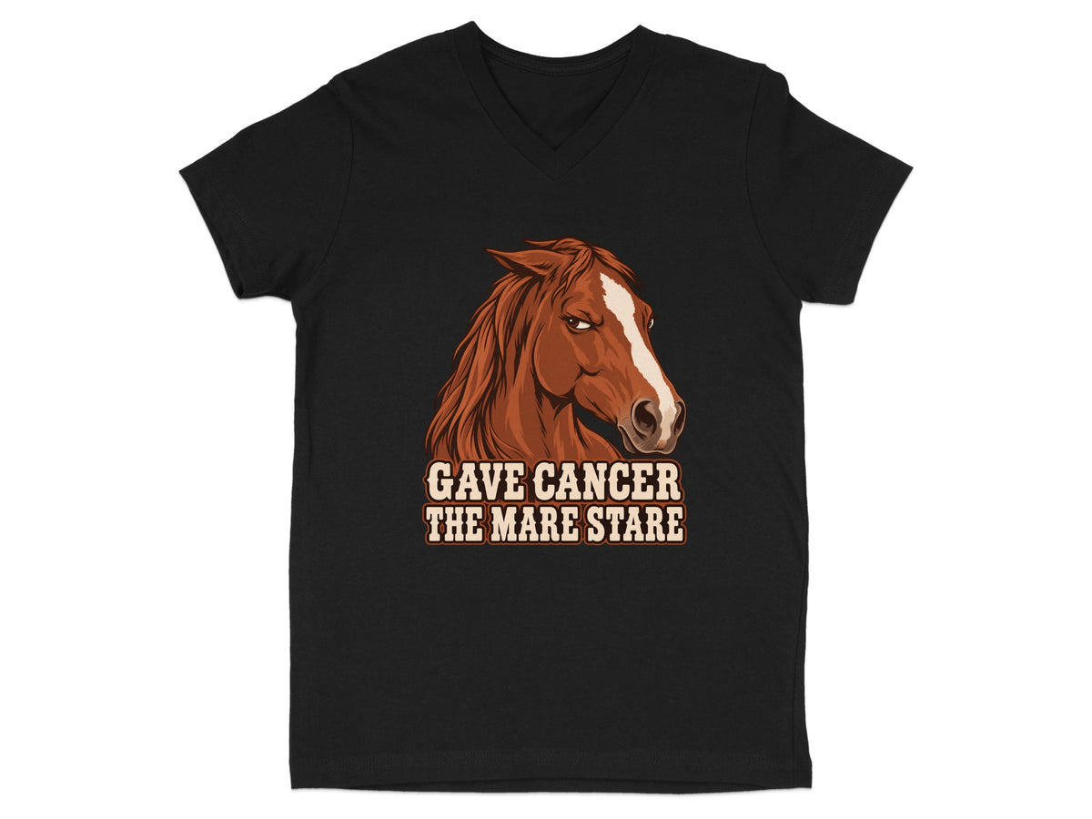 Black v-neck t-shirt with a brown horse head graphic and text.