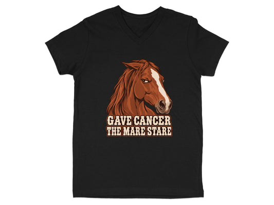 Black v-neck t-shirt with a brown horse head graphic and text.