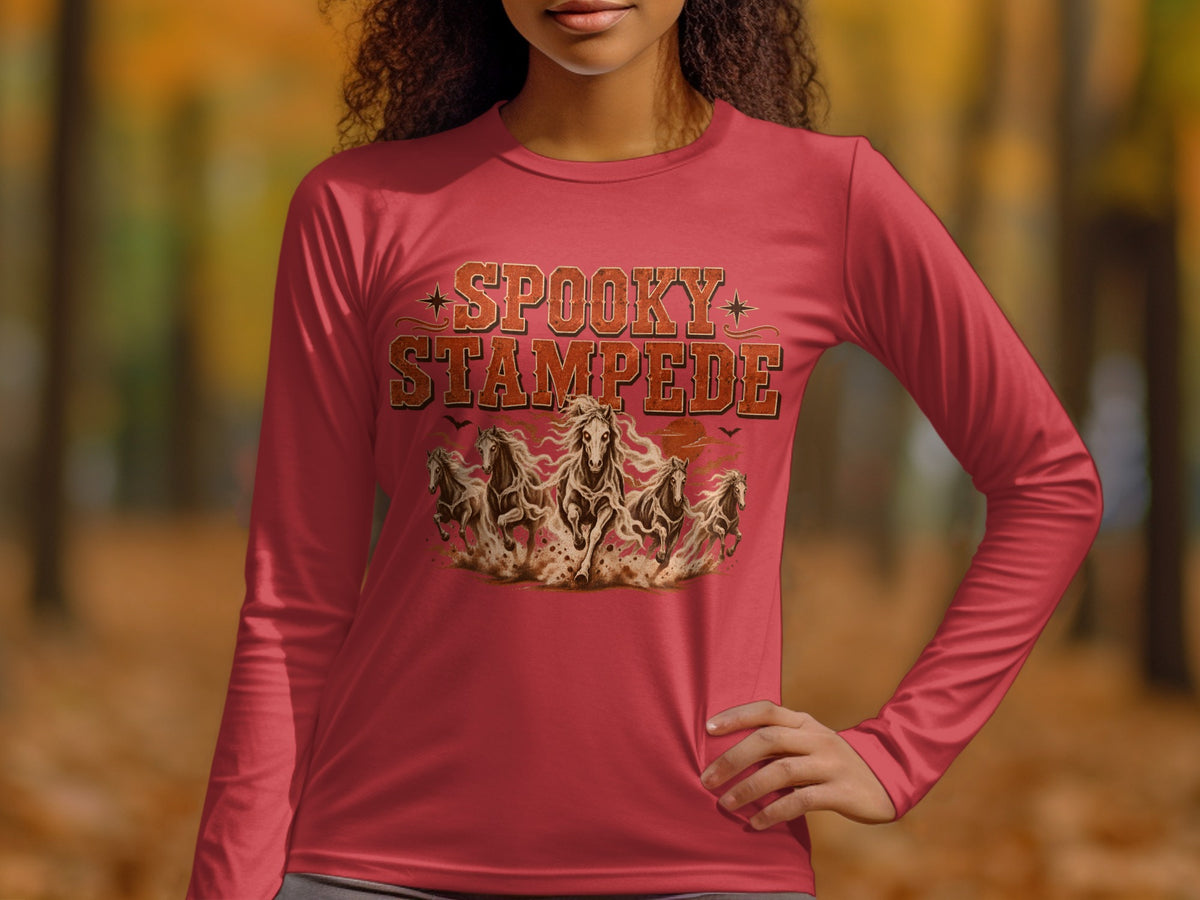 Long sleeve shirt with "SPOOKY STAMPEDE" text and running horses graphic.