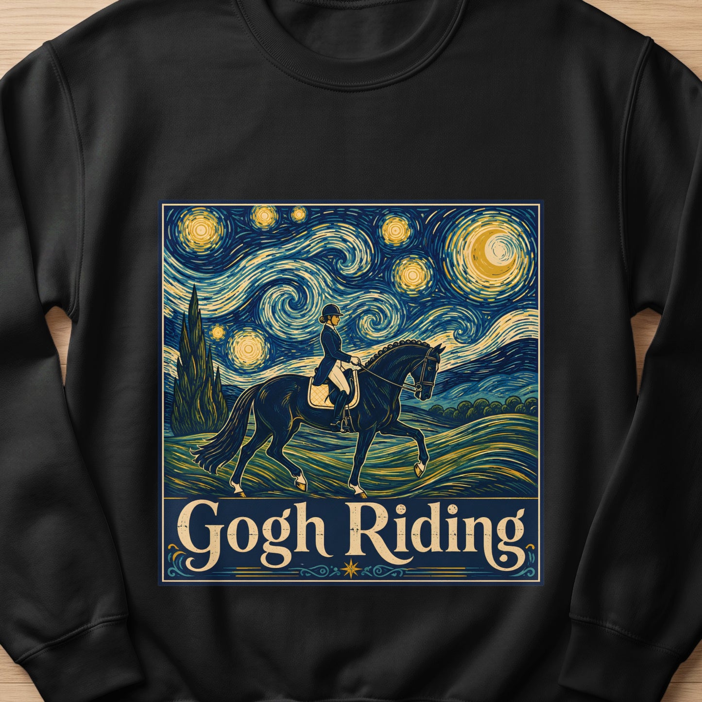 Black sweatshirt featuring "Gogh Riding" text with a horse and rider under a starry night sky.