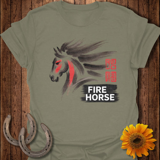 Grey t-shirt with stylized black and red horse head graphic and "FIRE HORSE" text.