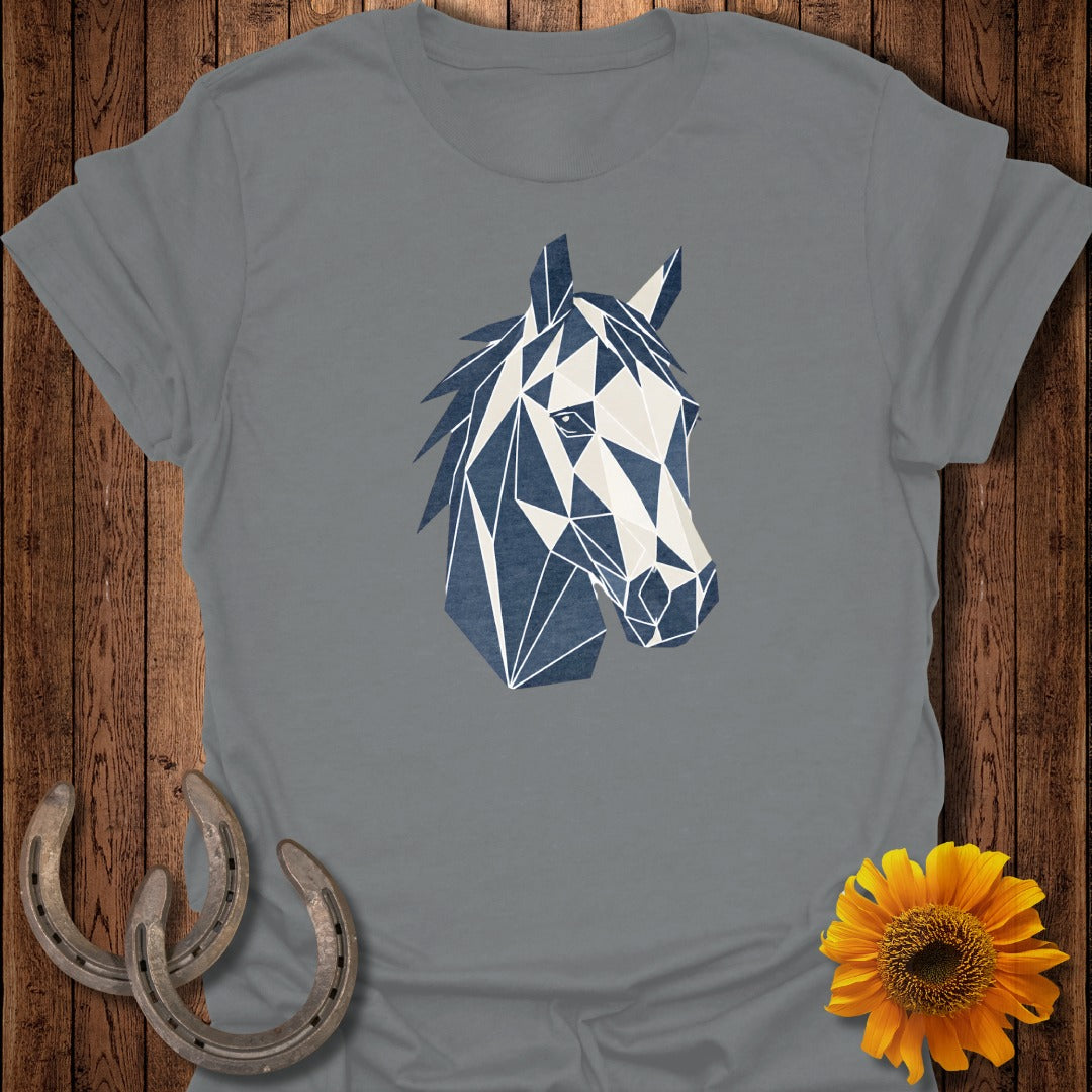 Gray t-shirt with geometric blue and white horse head graphic.