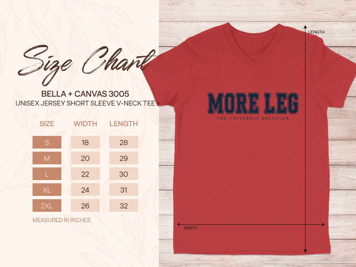 Bella + Canvas 3005 unisex v-neck tee size chart with measurements in inches.