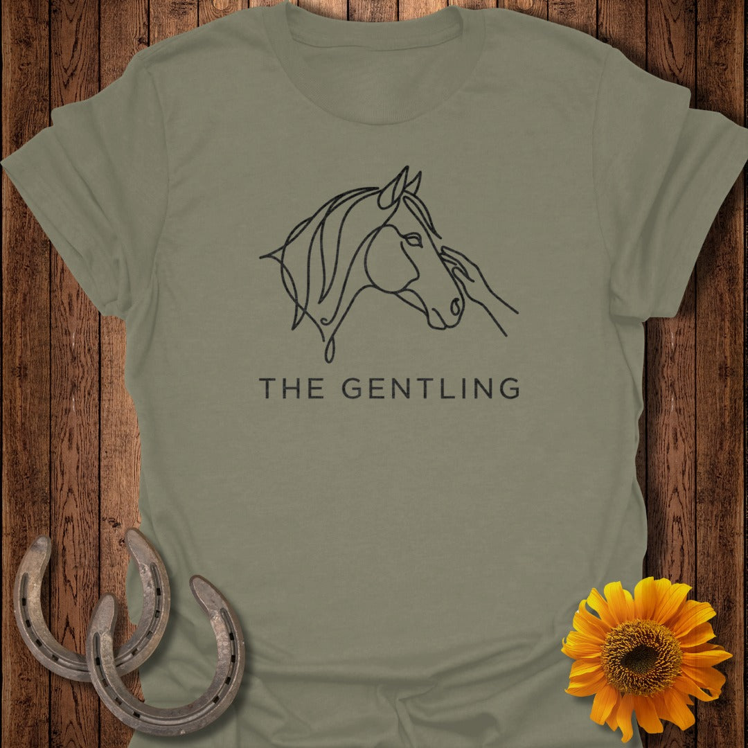 T-shirt with line art of a horse's head being petted, text "THE GENTLING".
