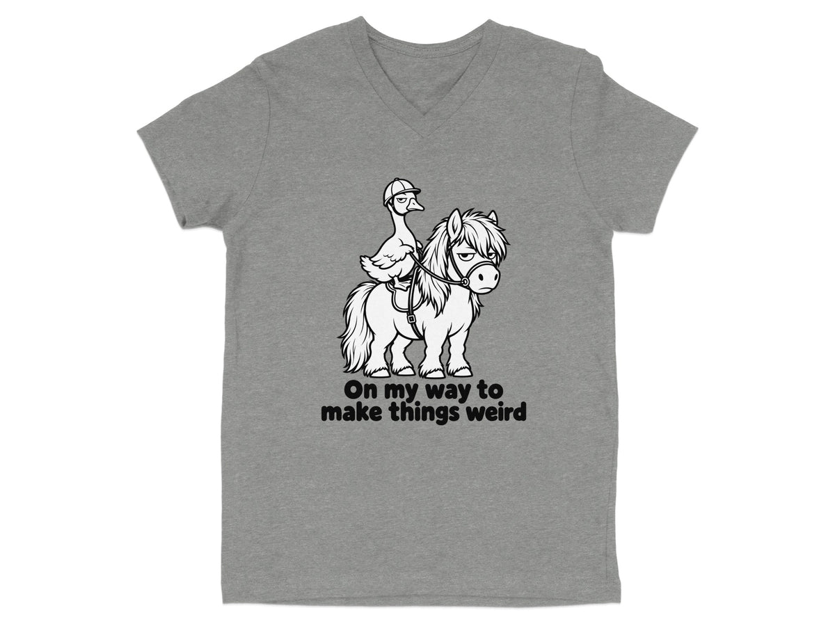 Cartoon duck wearing helmet rides grumpy pony with text "On my way to make things weird".