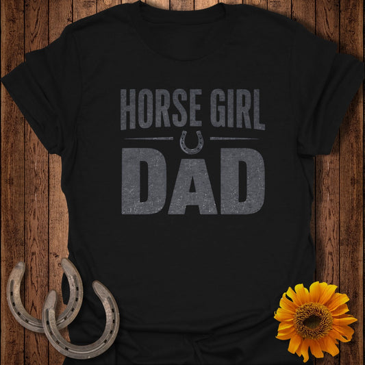 Black t-shirt with "HORSE GIRL DAD" text and horseshoe graphic.