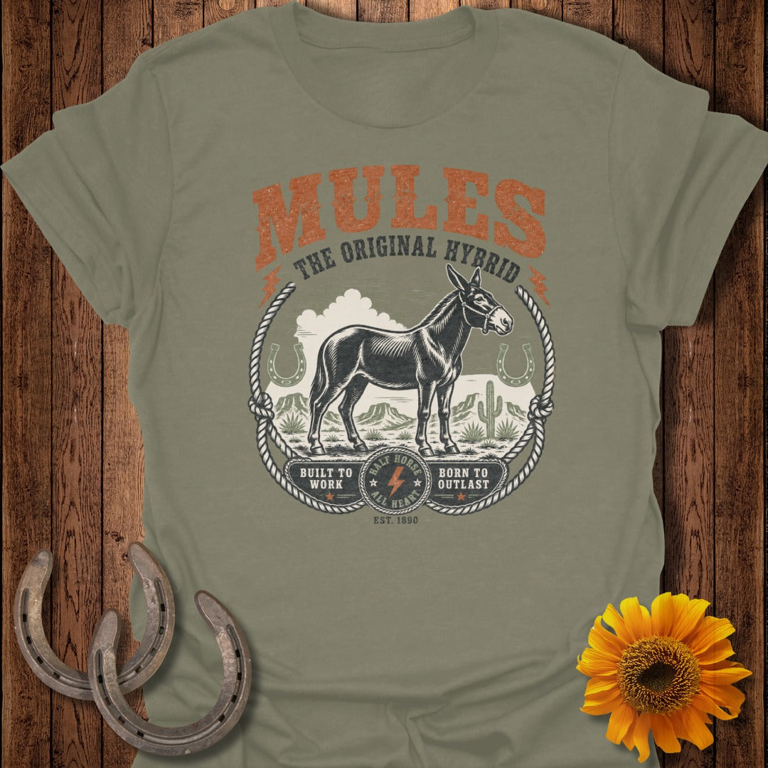 Olive t-shirt with "Mules The Original Hybrid" and a mule illustration.