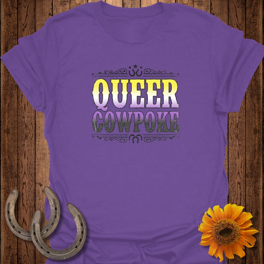 Purple t-shirt with "QUEER COWPOKE" text in distressed yellow and purple.
