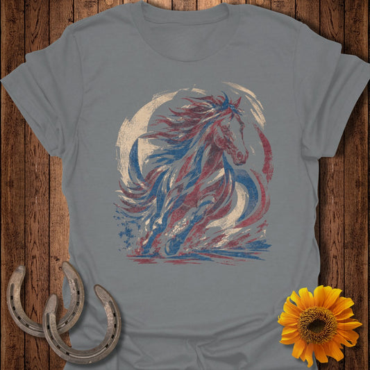 Gray t-shirt with distressed patriotic horse graphic and horseshoes.