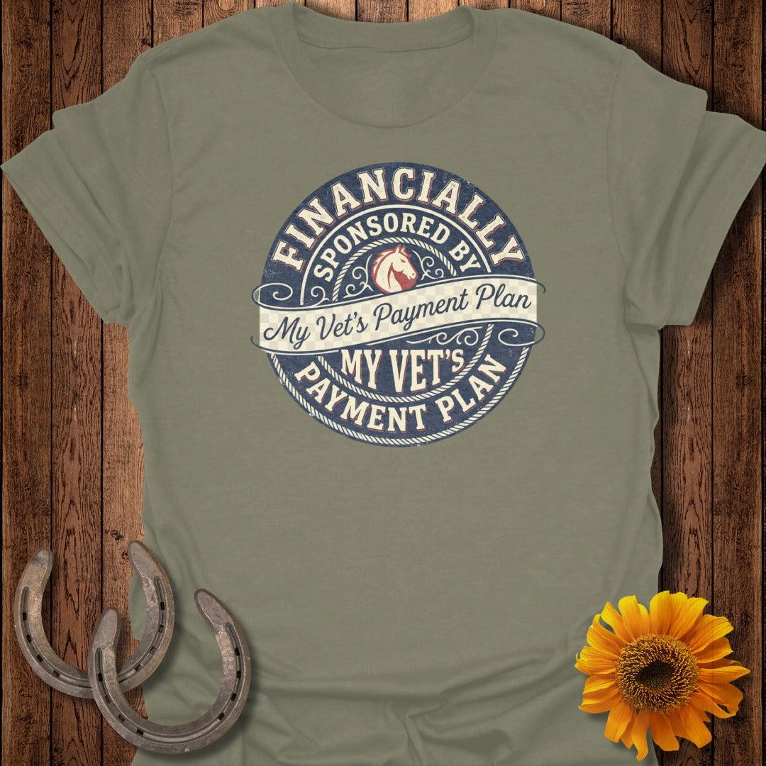 Olive green t-shirt with "Financially Sponsored by My Vet's Payment Plan" text.