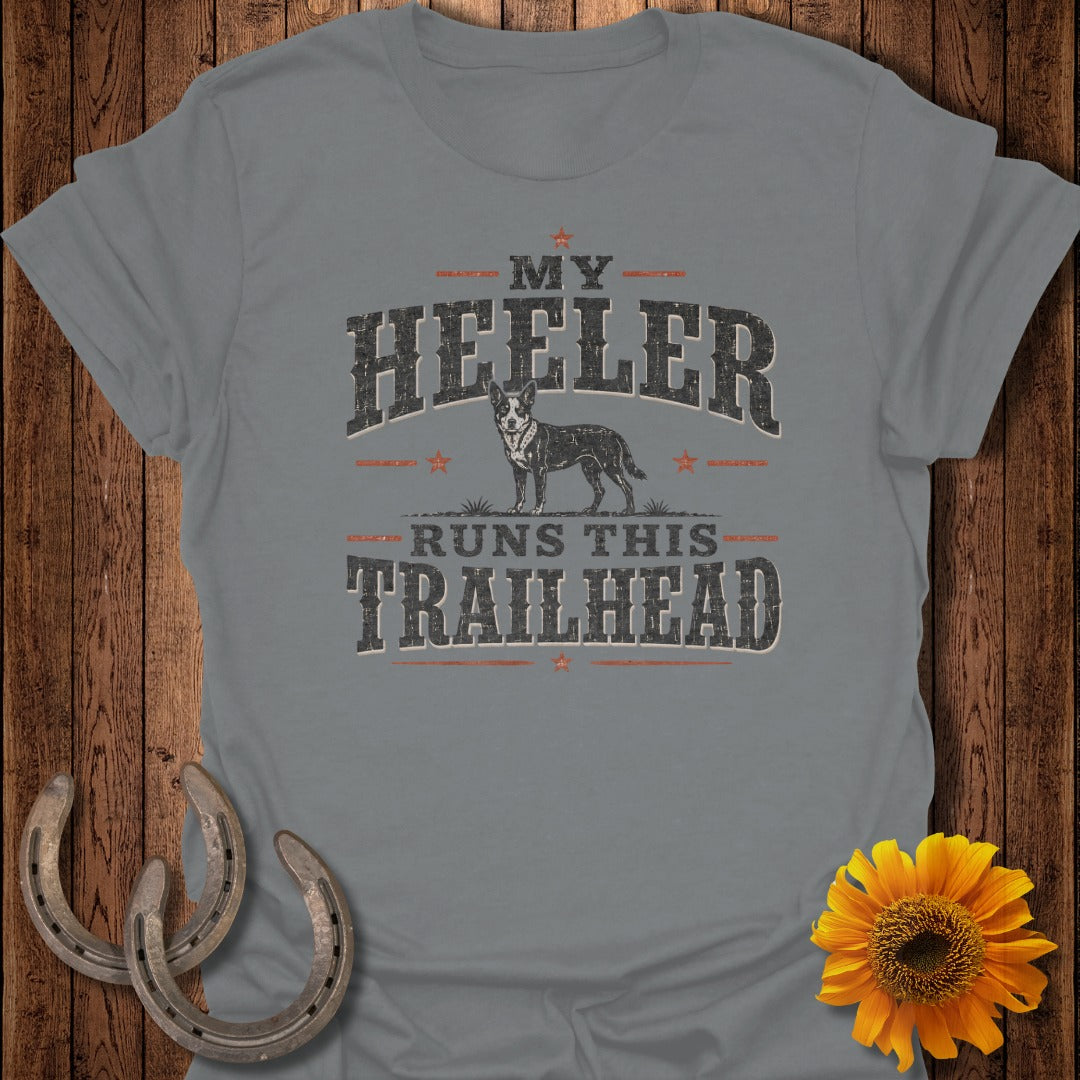 Gray t-shirt with a Heeler dog graphic and text "My Heeler Runs This Trailhead".