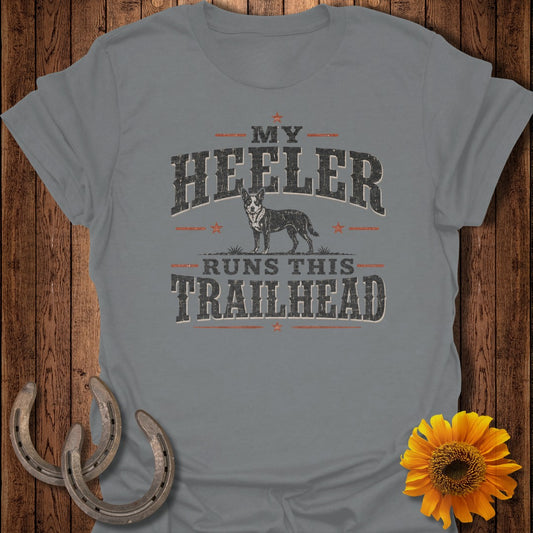 Gray t-shirt with a Heeler dog graphic and text "My Heeler Runs This Trailhead".