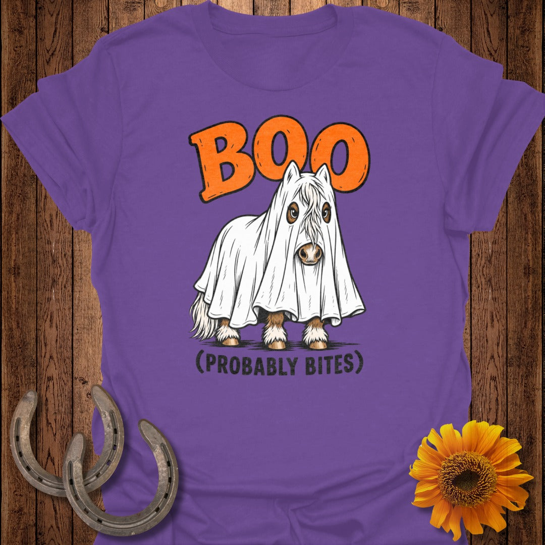 Purple t-shirt with a white ghost costume on a pony, text "BOO (PROBABLY BITES)".