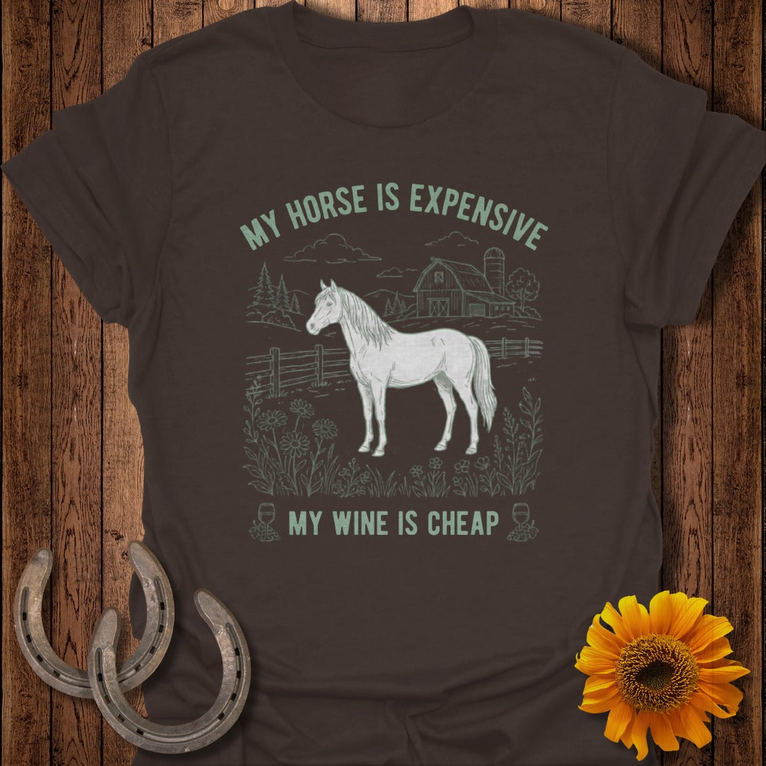 White horse on farm with text "My horse is expensive My wine is cheap".