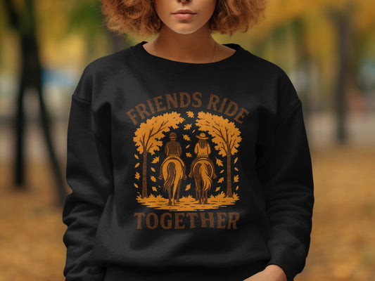 Black sweatshirt with "Friends Ride Together" graphic of two people on horseback.