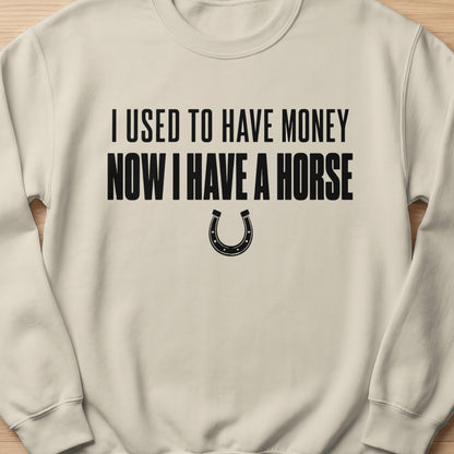 Light tan sweatshirt with black text "I used to have money now I have a horse" and horseshoe graphic.