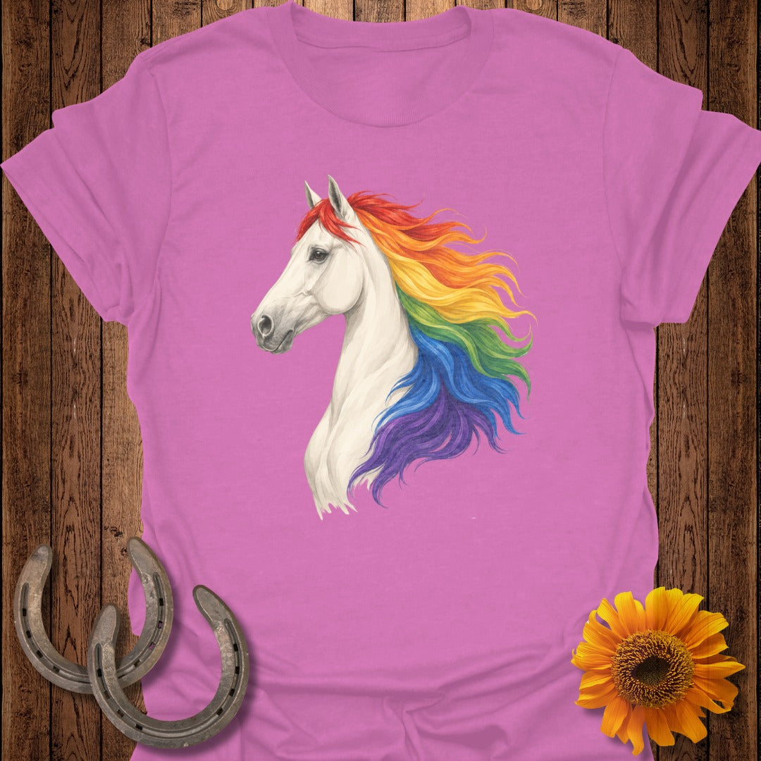 Pink t-shirt with white horse head and rainbow mane.