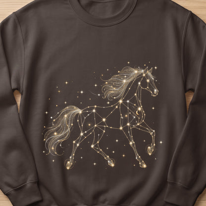 Brown sweatshirt with a glowing constellation horse design and scattered stars.