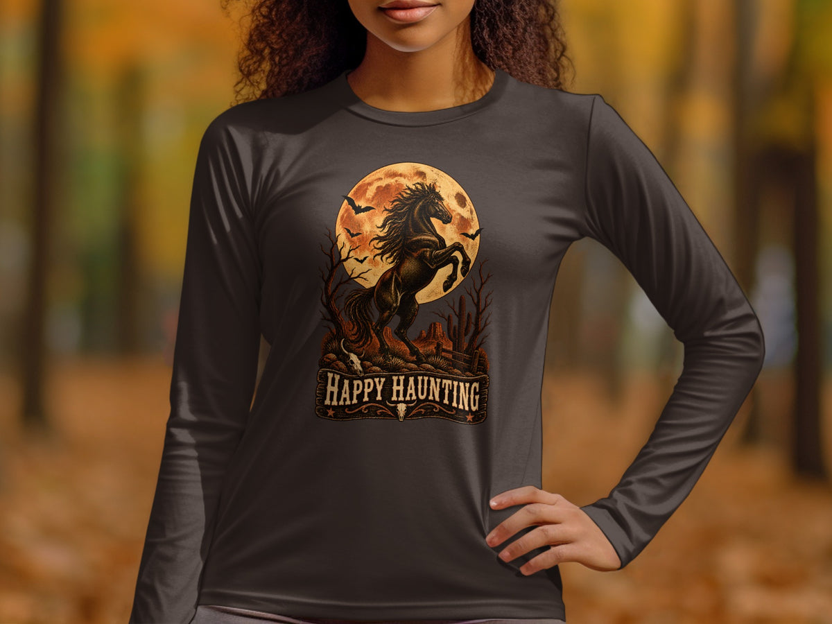 Rearing horse silhouette against full moon with bats and text "Happy Haunting".